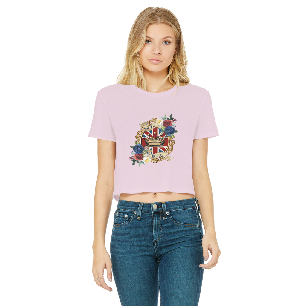GOD SAVE THE KING Classic Women's Cropped Raw Edge T-Shirt - Lynendo Trade Store