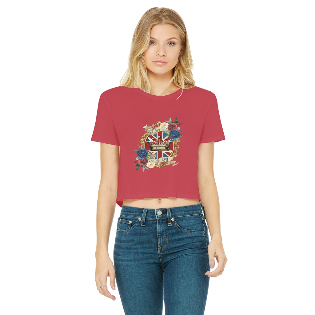 GOD SAVE THE KING Classic Women's Cropped Raw Edge T-Shirt - Lynendo Trade Store