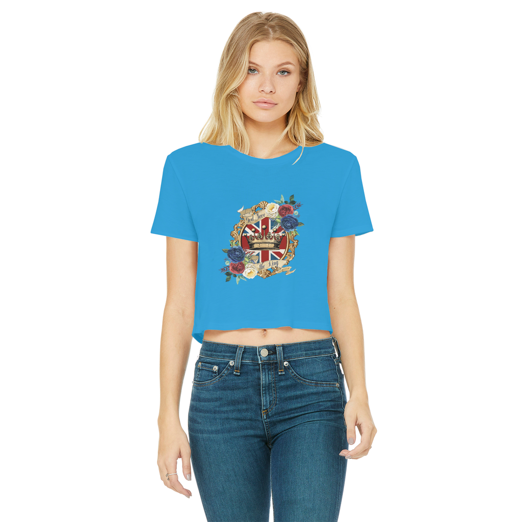 GOD SAVE THE KING Classic Women's Cropped Raw Edge T-Shirt - Lynendo Trade Store