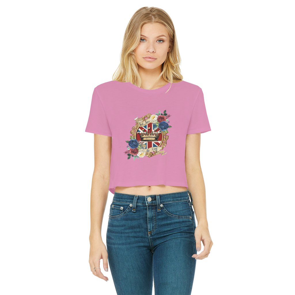 GOD SAVE THE KING Classic Women's Cropped Raw Edge T-Shirt - Lynendo Trade Store