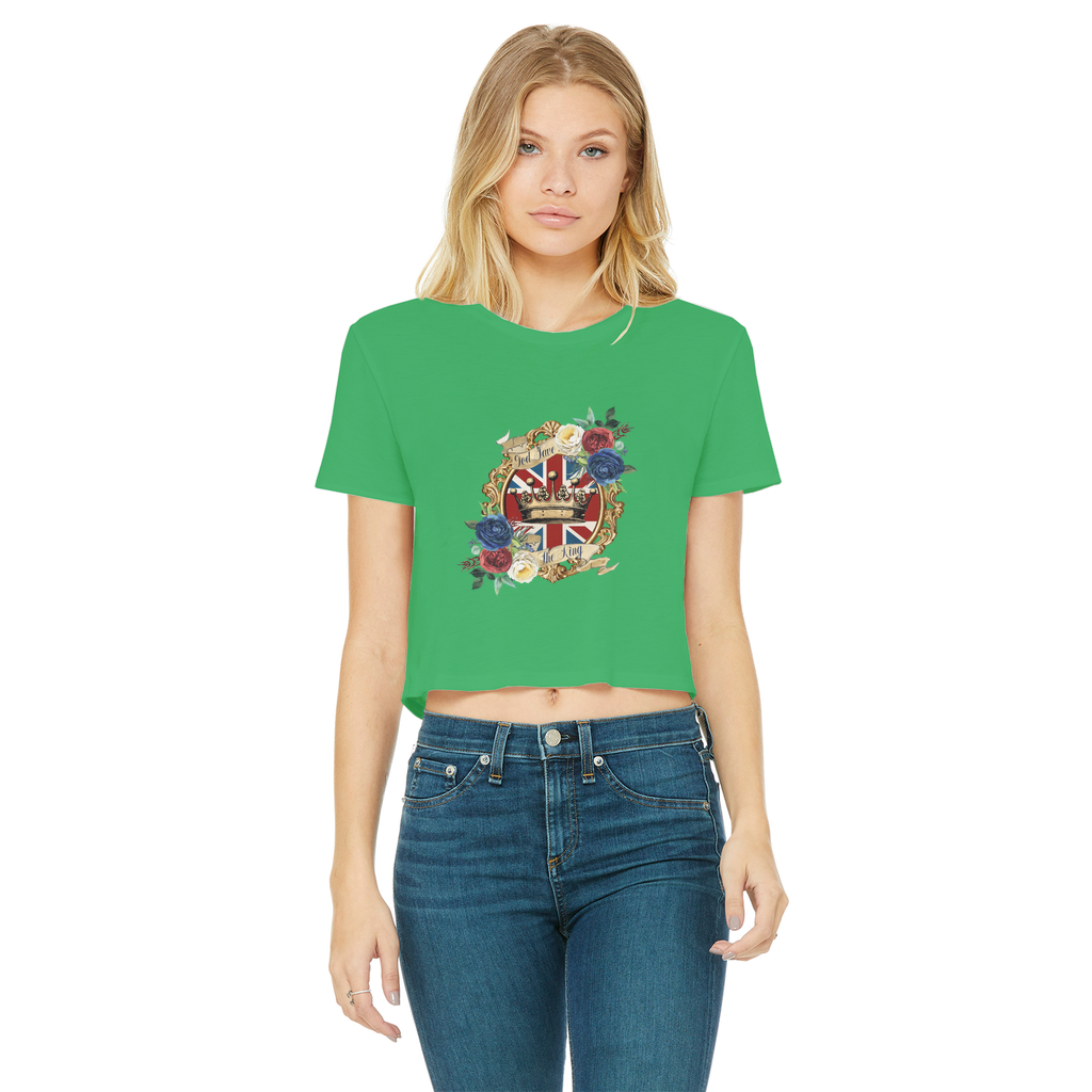 GOD SAVE THE KING Classic Women's Cropped Raw Edge T-Shirt - Lynendo Trade Store