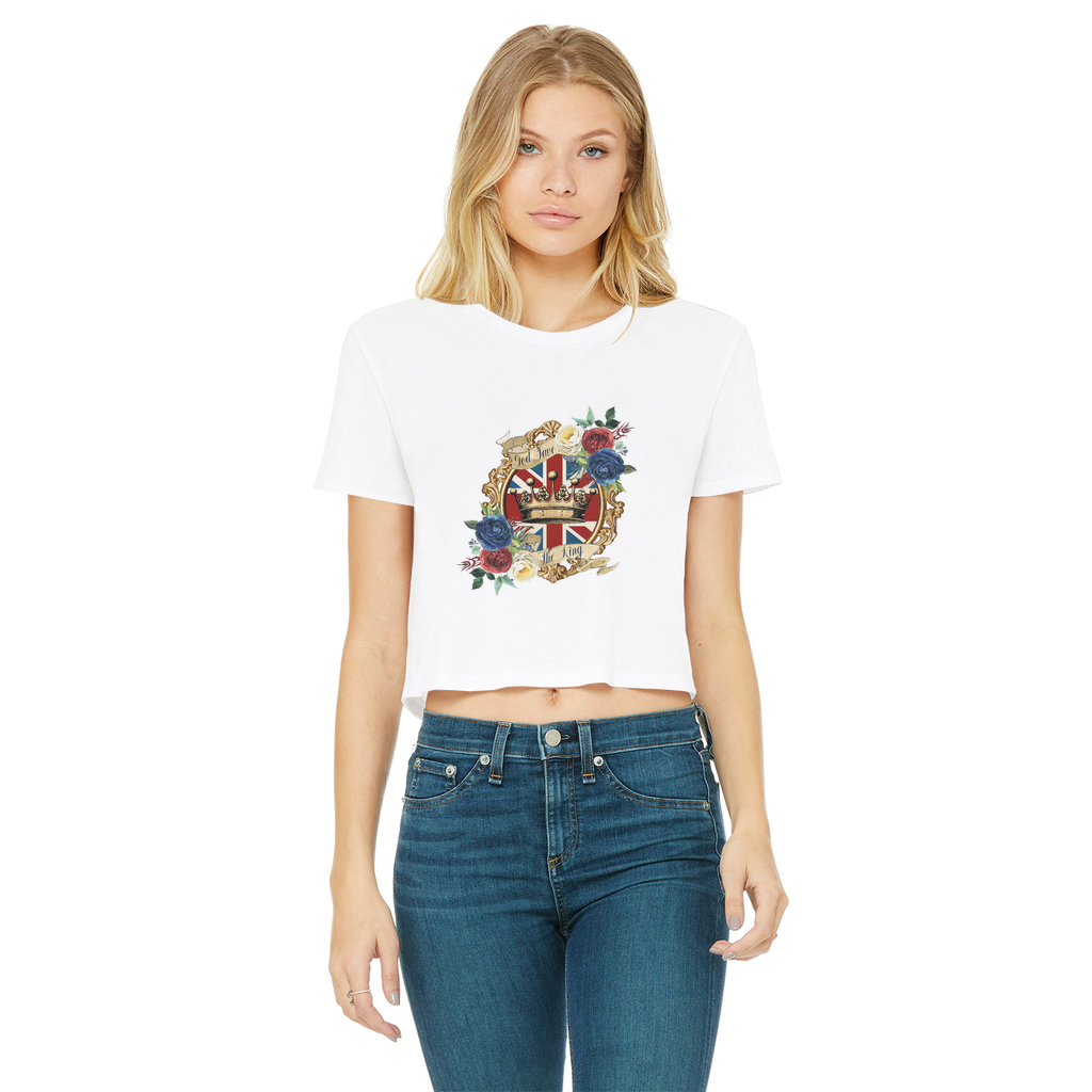 GOD SAVE THE KING Classic Women's Cropped Raw Edge T-Shirt - Lynendo Trade Store