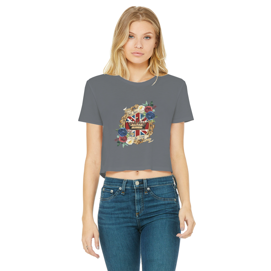 GOD SAVE THE KING Classic Women's Cropped Raw Edge T-Shirt - Lynendo Trade Store