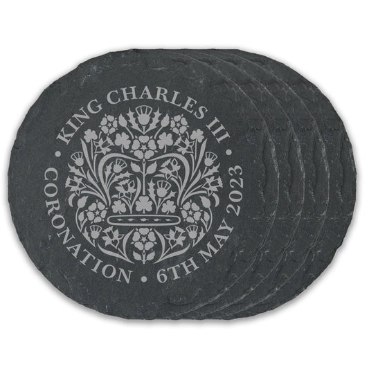Engraved Set of 4 Round Slate Drinks Coaster - King's Coronation Emblem - Lynendo Trade Store