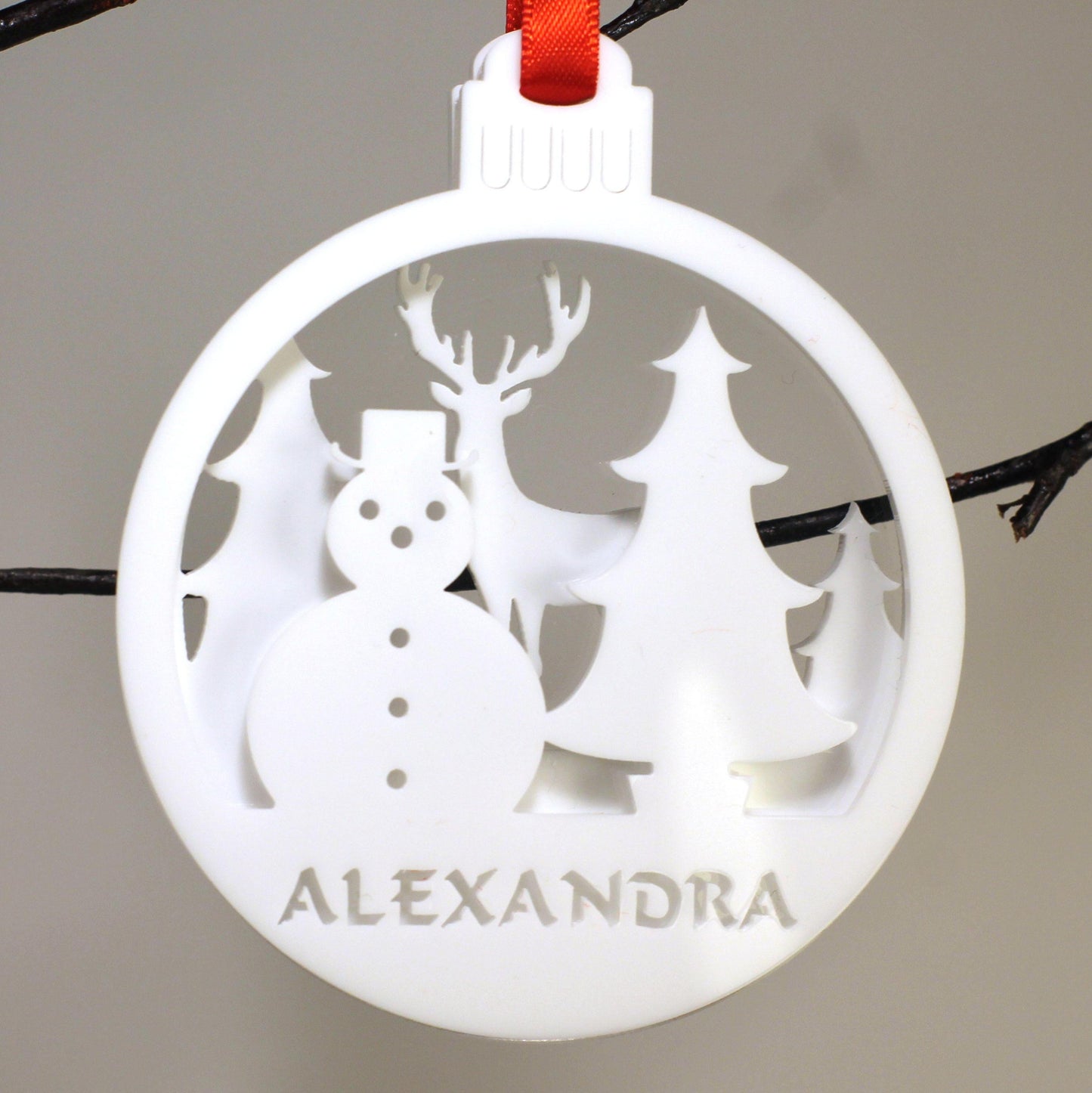 Personalised Custom 3D White Rudolph Reindeer and Snowman Scene Christmas Tree Bauble Festive Decoration Ornament Best Personalise Name Xmas - DirectlyPersonalised
