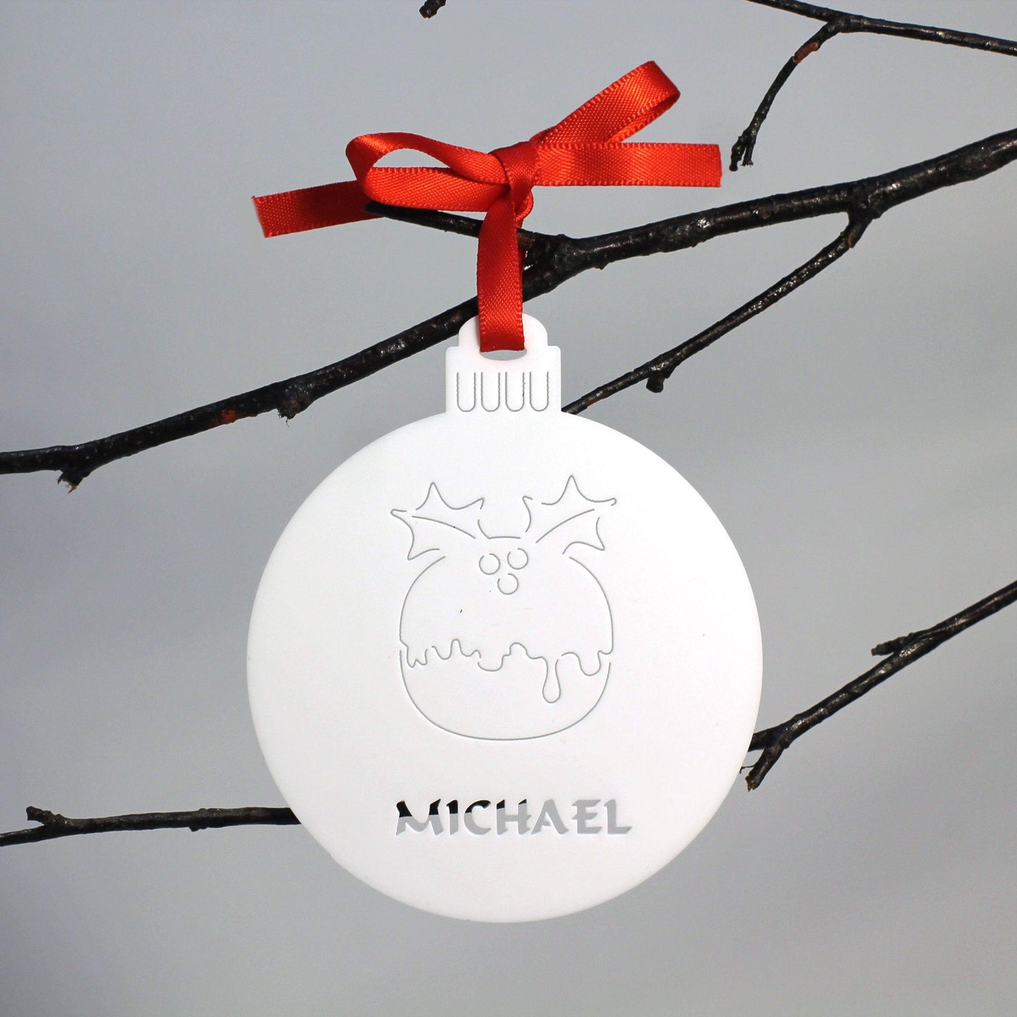 Personalised Custom White Christmas Pudding Christmas Tree Bauble Festive Decoration Ornament Decorations Best Personalise Name Xmas .o. - DirectlyPersonalised