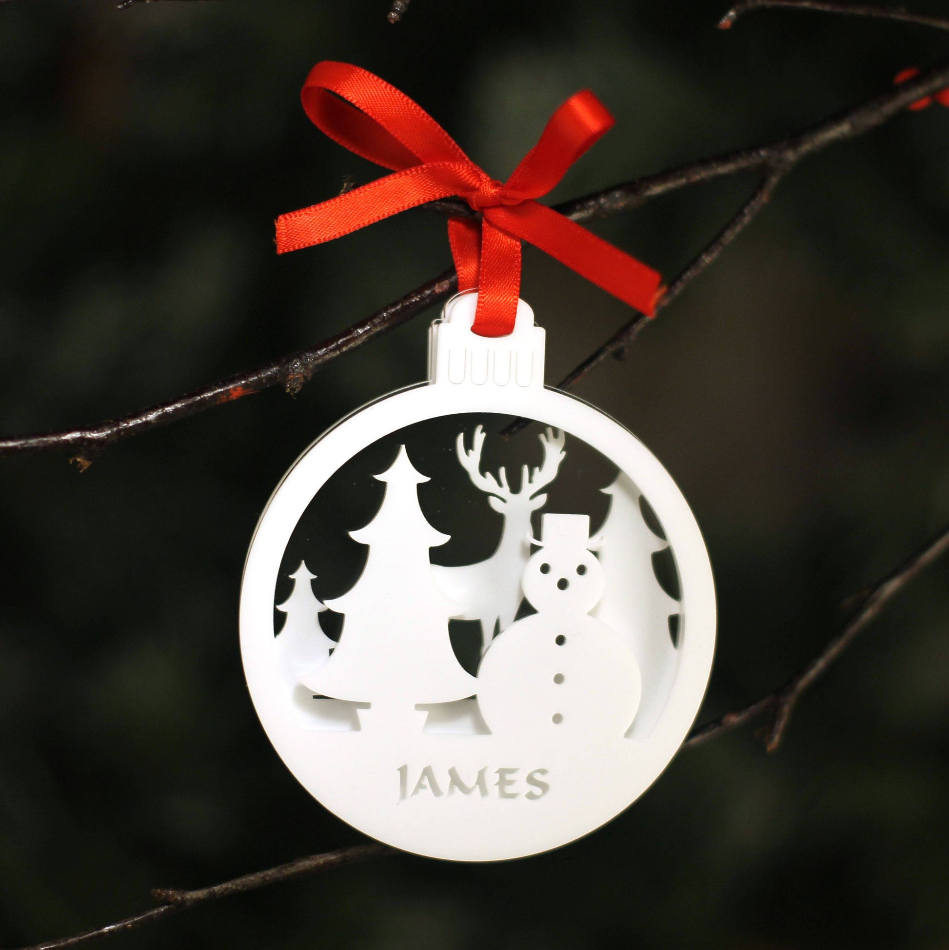 Personalised Custom 3D White Rudolph Reindeer and Snowman Scene Christmas Tree Bauble Festive Decoration Ornament Best Personalise Name Xmas - DirectlyPersonalised
